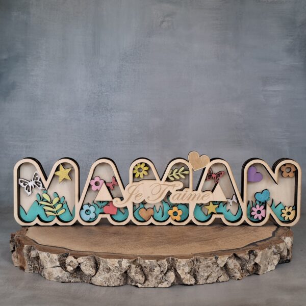 Prénom Maman fleuri 3D en bois