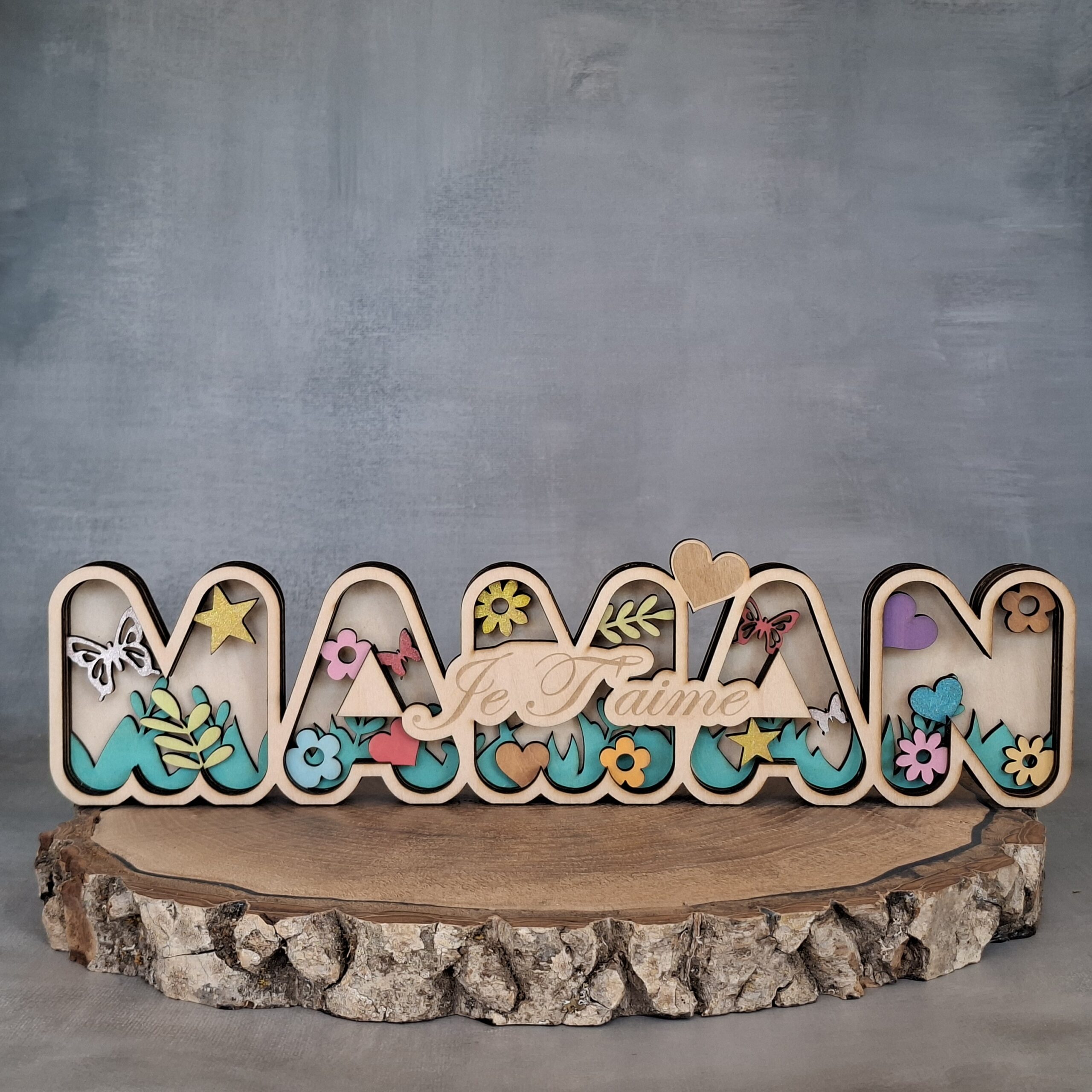 Prénom Maman fleuri 3D en bois