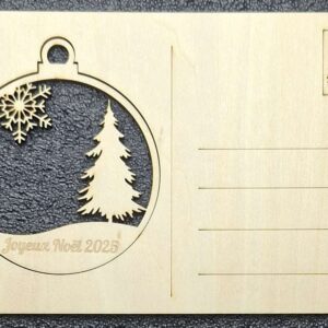 Carte postale de Noël en bois – Sapin et flocon