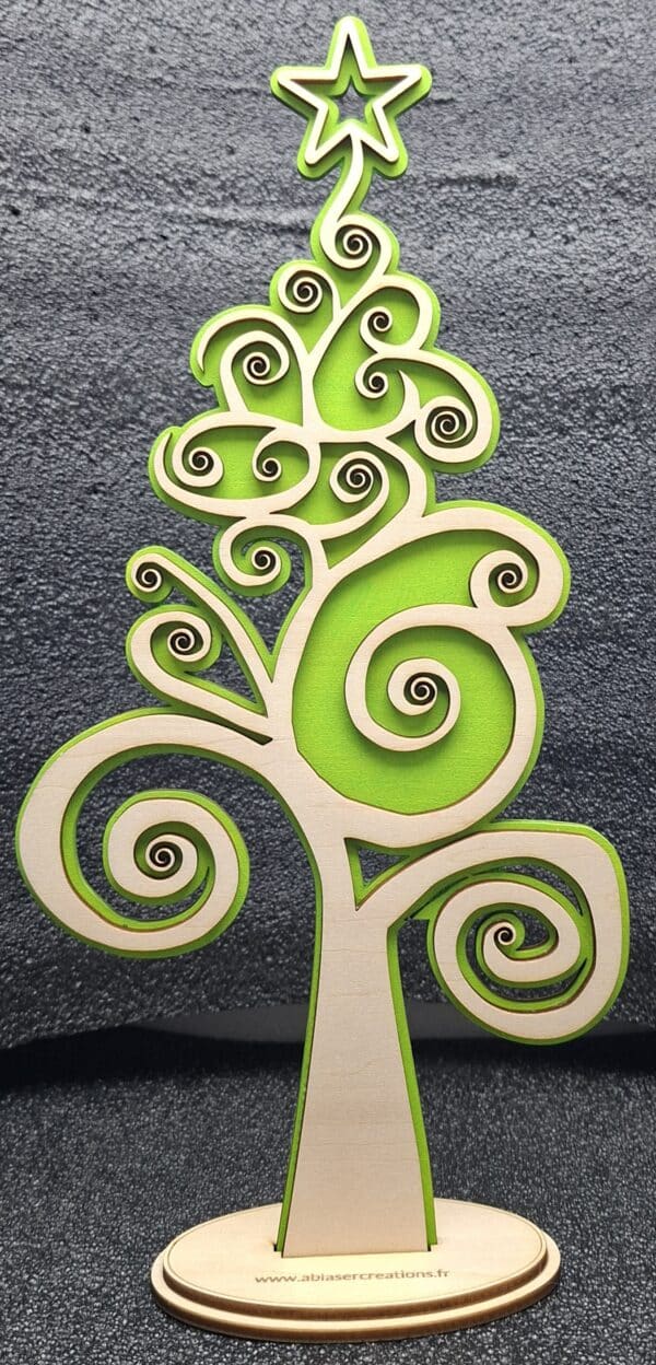 Petit Sapin Spirales 2D en Bois vert avec Guirlande Lumineuse