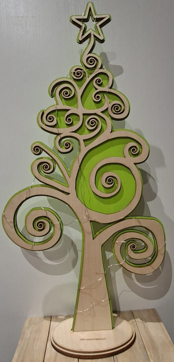 Grand Sapin Spirales 2D en Bois vert avec Guirlande Lumineuse