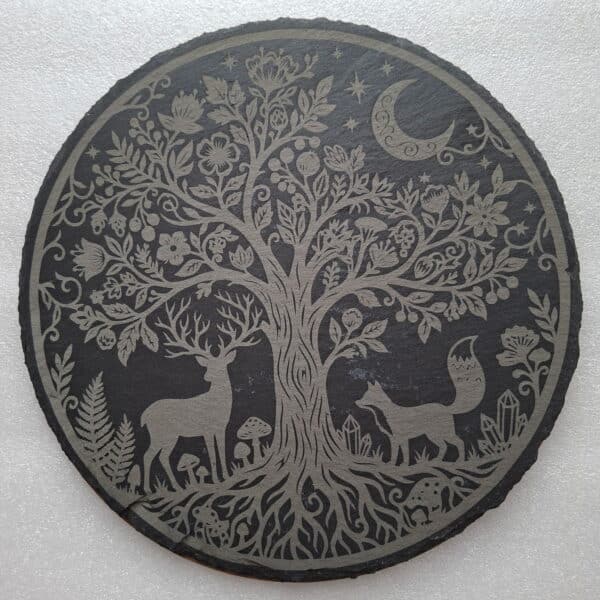 Gravure Arbre de vie entouré d’animaux Ardoise ronde